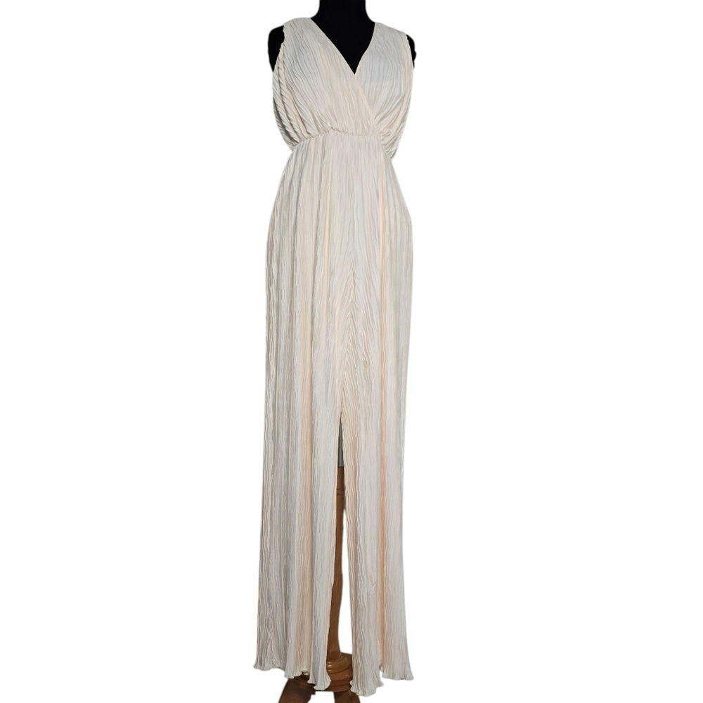 4th & Reckless Plisse Wide Leg Halter Jumpsuit Lettuce Hem Cream XS